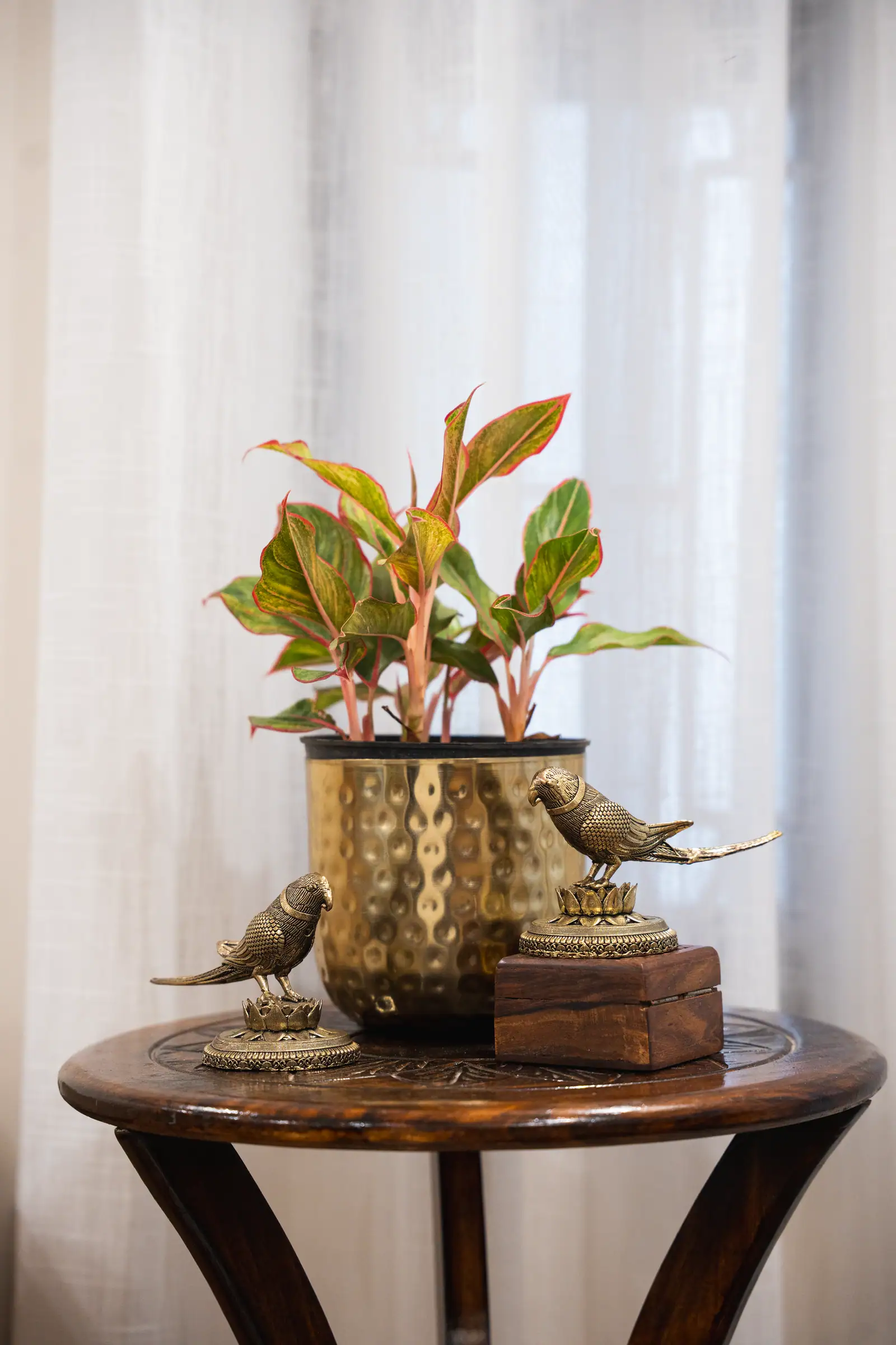A brass planter and brass birds — quiet detail at Spanda